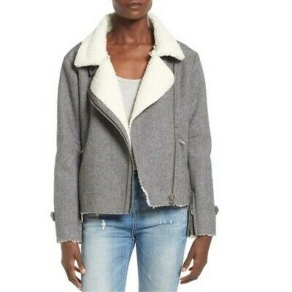 J.O.A. Shearling Lined Raw Edge Moto Biker Jacket Size Med